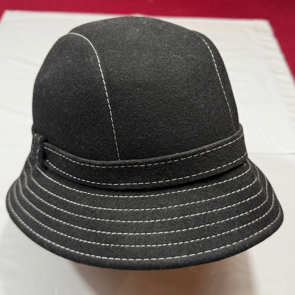 Lorenzo ITALY Black Wool BUCKET HAT white stitch women’s round hat one size OS